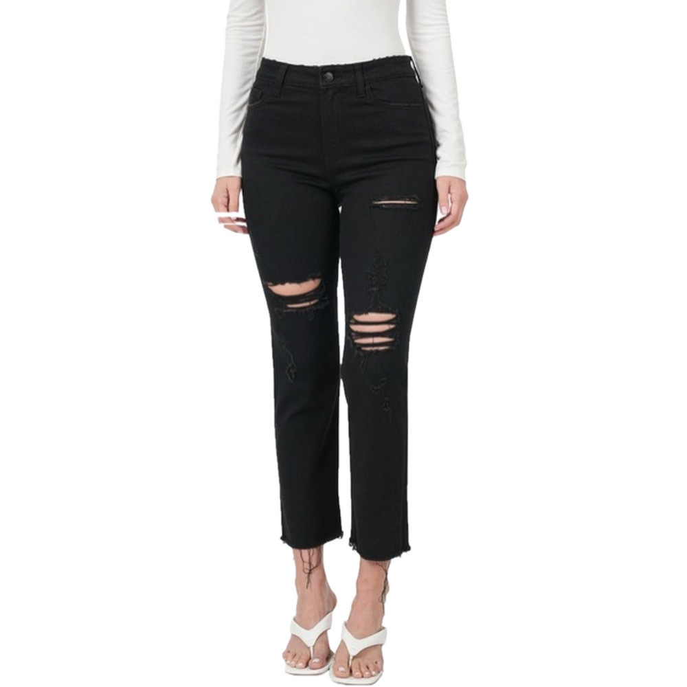 ZENANA Jeans Womens Size 24 Distressed Black Denim Cropped Raw Hem